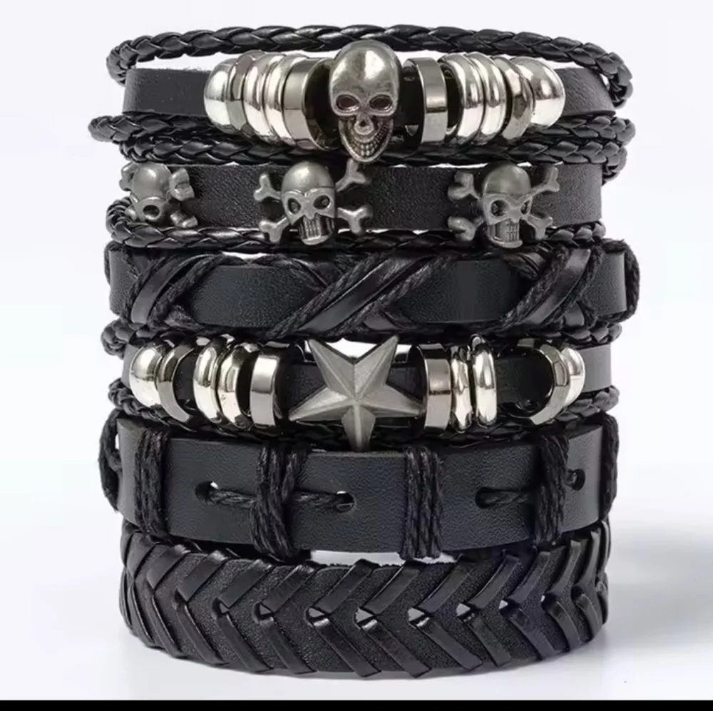 Men's Leather Bracelets Set Black Skulls Stars Layered New f88